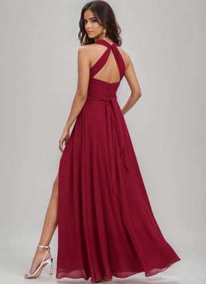 A-Line/Princess Halter One Shoulder V-Neck Floor-Length Chiffon Bridesmaid Dress