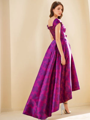 A-Line/Princess Mother of the Bride Dresses Boat Neck Asymmetrical Evening Dresses With Printed Flower & Ruches