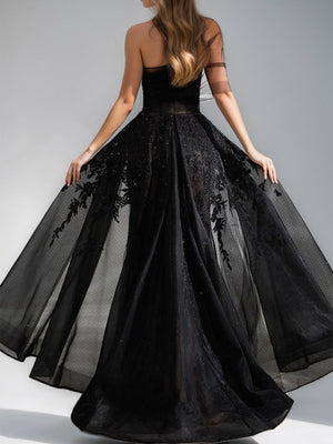 Black A-Line One-Shoulder Tulle Elegant Prom Dresses with Appliques & High Split