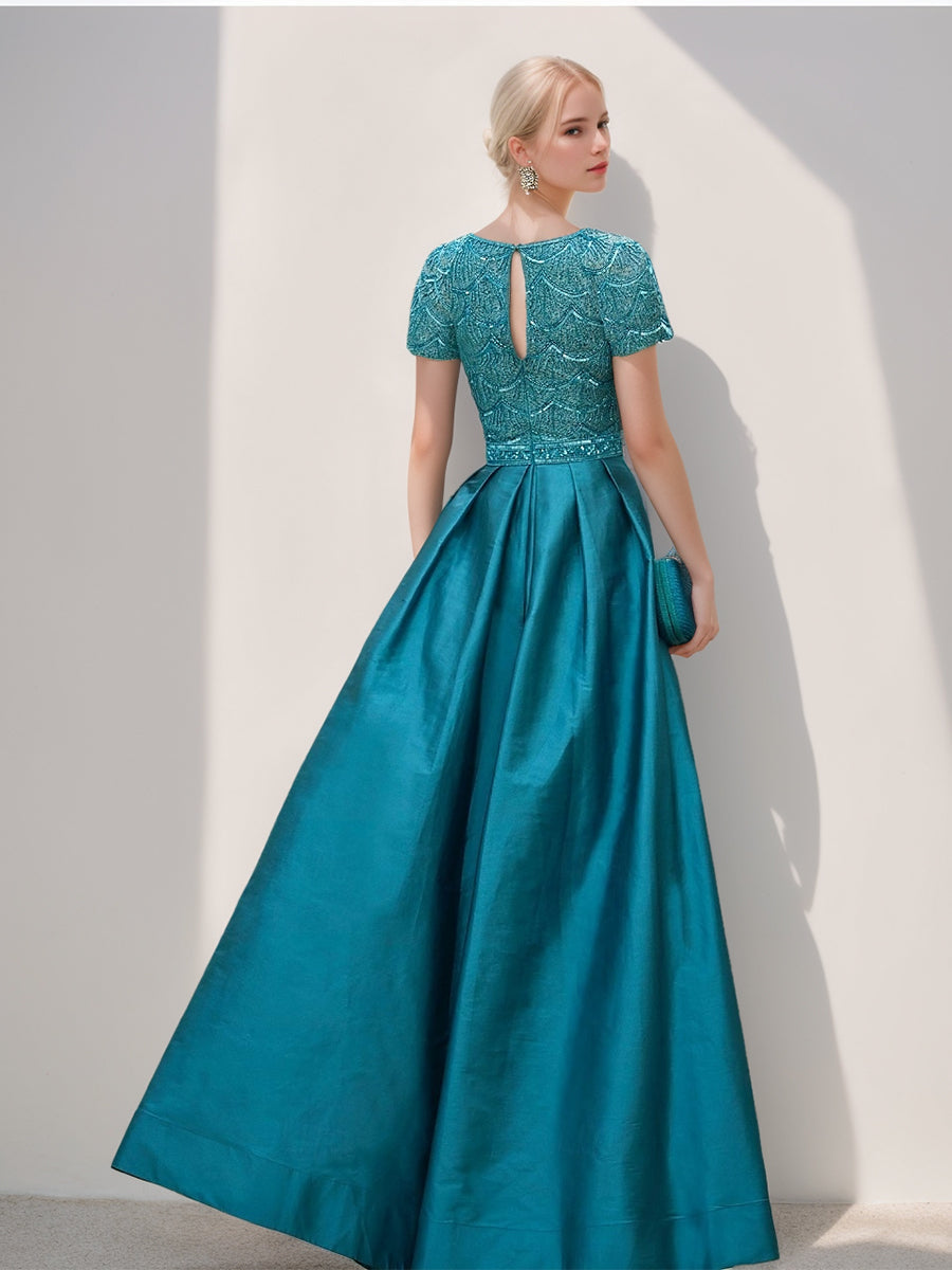 A-Line/Princess Scoop Short Sleeves Evening Dresses with Split Side & Sequins