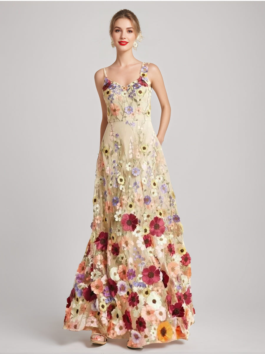 A-Line/Princess Spaghetti Straps Sleeveless Floor-Length Stylish Evening Dresses with Printed Flower