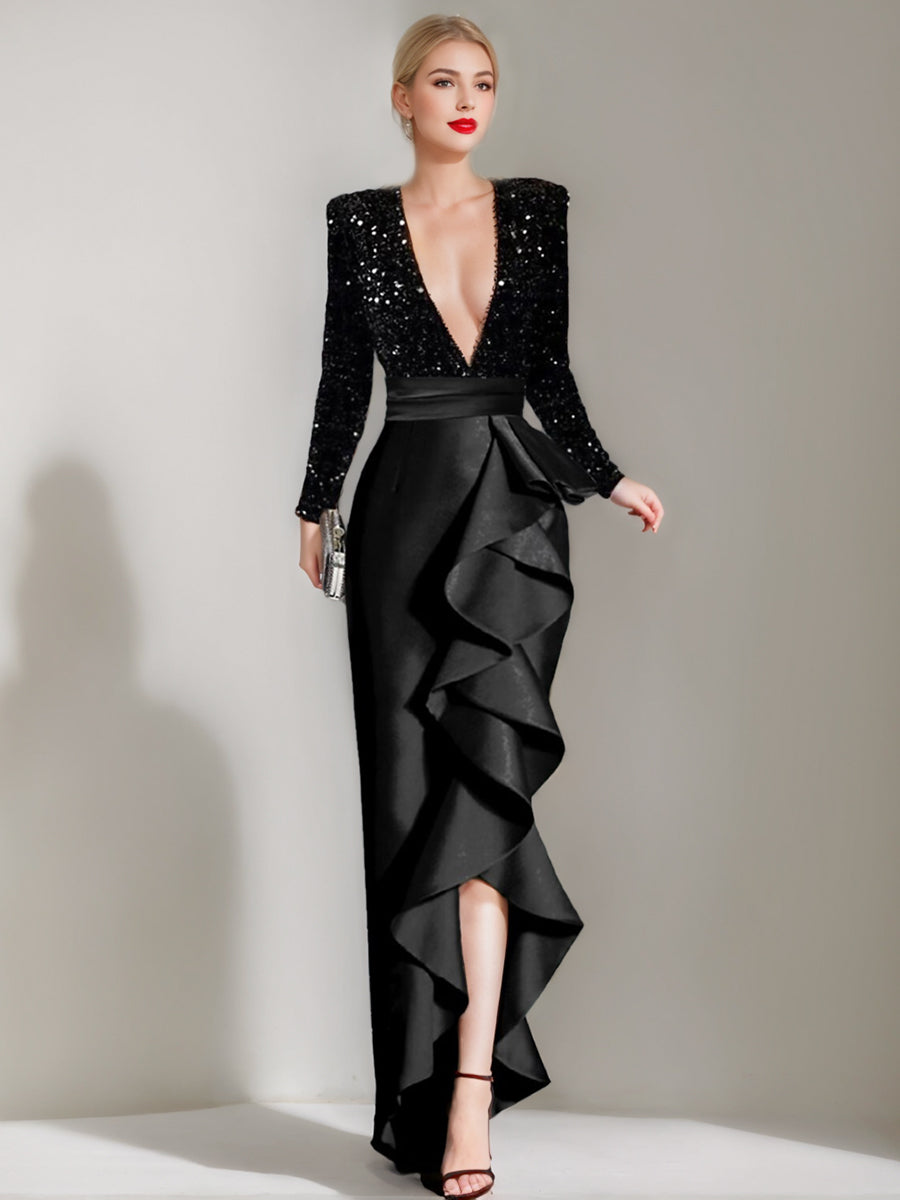Sheath/Column V-Neck Long Sleeves Asymmetrical Elegant Evening Dresses with Sequins & Ruffles