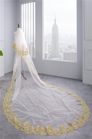 Two-tier Luxurious Wedding Veil with Golden Lace
