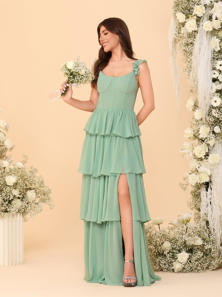 A-Line/Princess Scoop Sleeveless Floor-Length Bridesmaid Dresses With Ruffles & Side Slit
