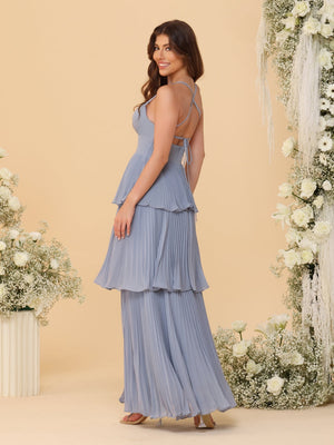 A-Line/Princess Spaghetti Straps Sleeveless Floor-Length Tiered Bridesmaid Dresses With Pleats