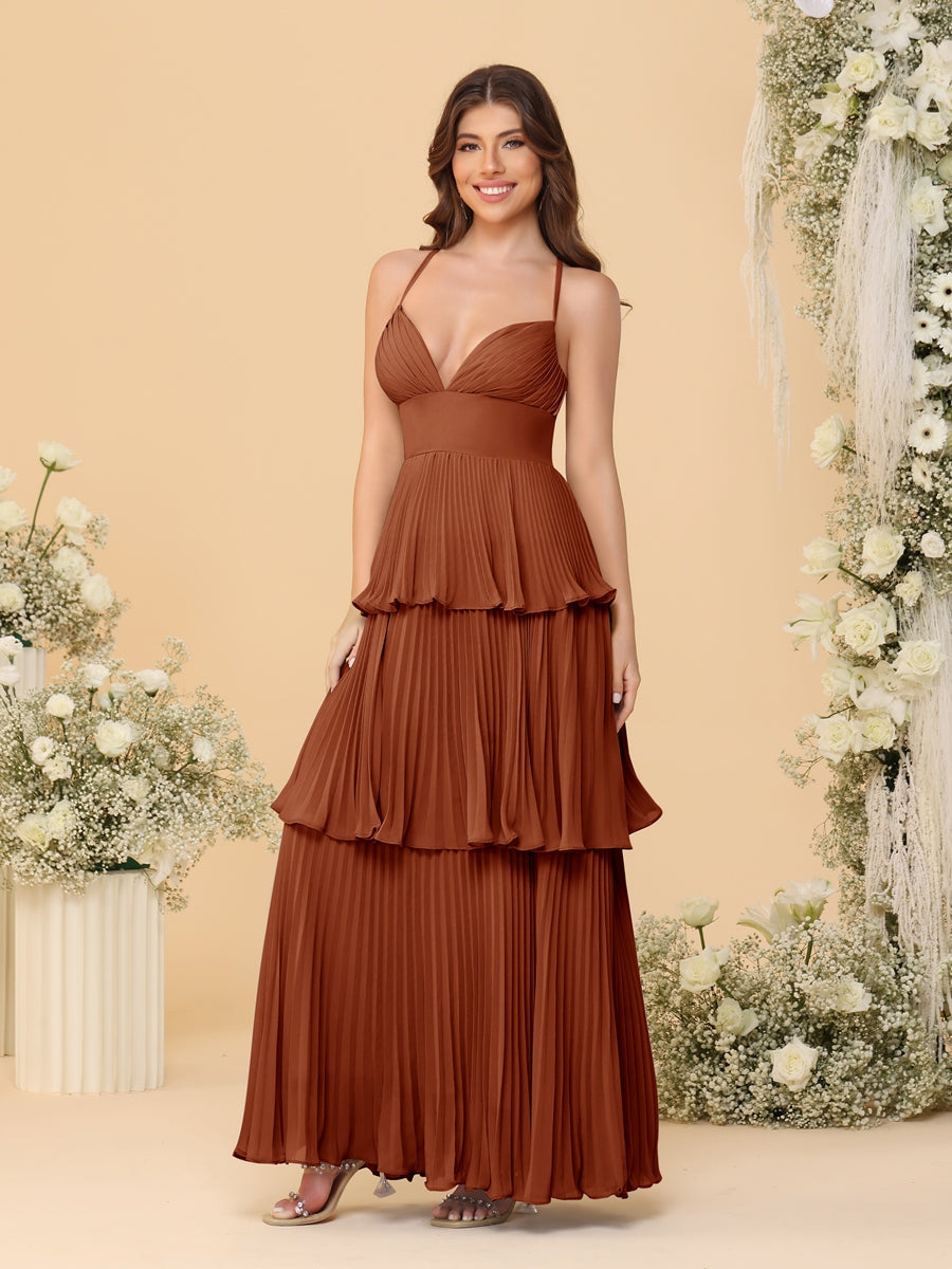 A-Line/Princess Spaghetti Straps Sleeveless Floor-Length Tiered Bridesmaid Dresses With Pleats