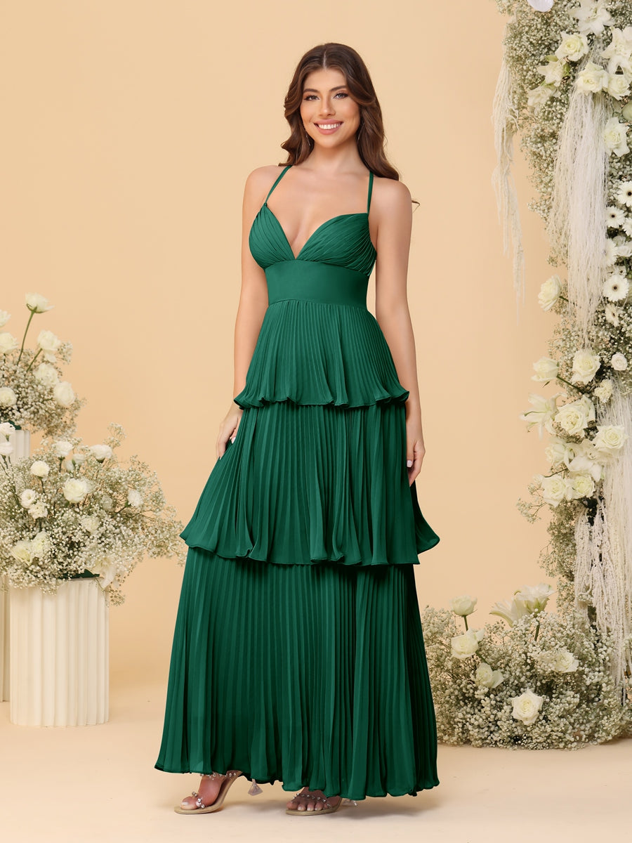 A-Line/Princess Spaghetti Straps Sleeveless Floor-Length Tiered Bridesmaid Dresses With Pleats