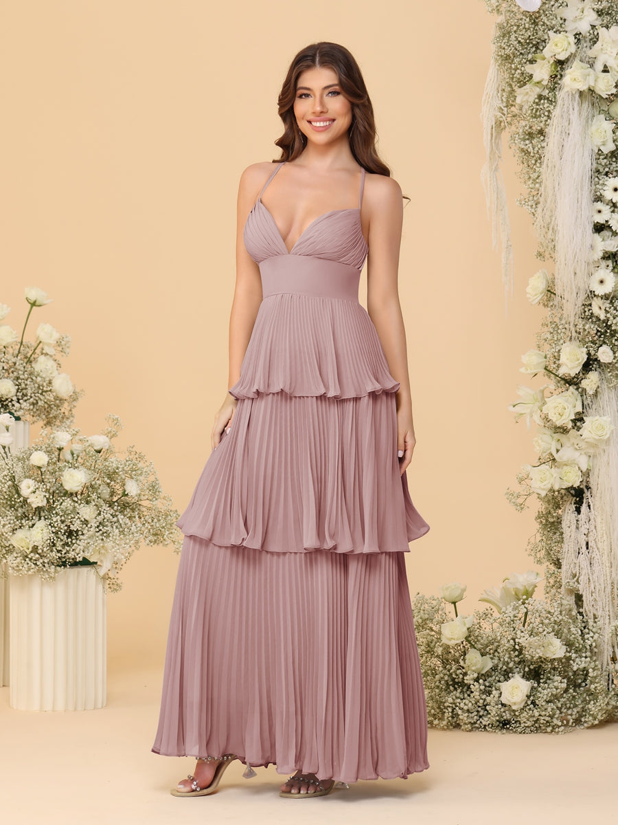 A-Line/Princess Spaghetti Straps Sleeveless Floor-Length Tiered Bridesmaid Dresses With Pleats