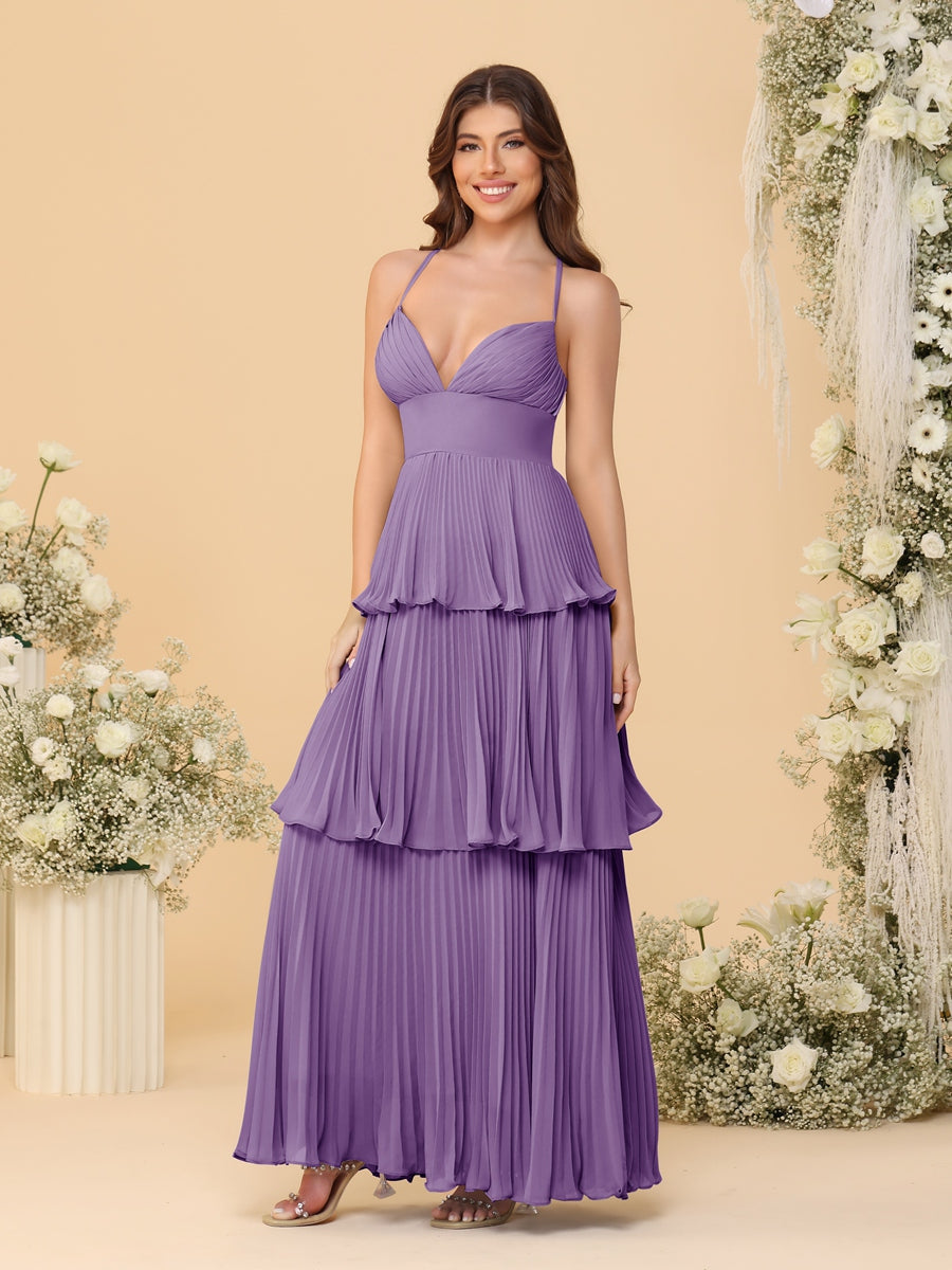 A-Line/Princess Spaghetti Straps Sleeveless Floor-Length Tiered Bridesmaid Dresses With Pleats