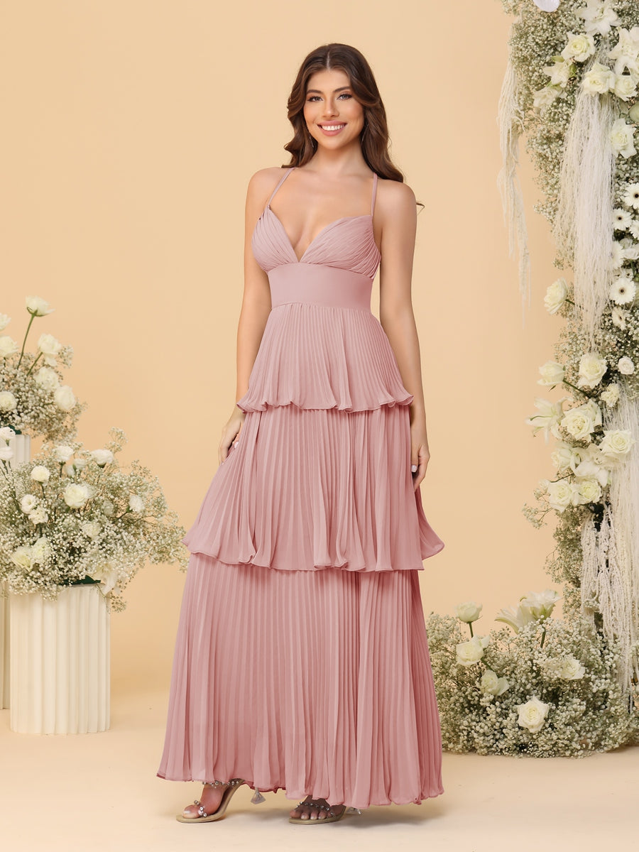 A-Line/Princess Spaghetti Straps Sleeveless Floor-Length Tiered Bridesmaid Dresses With Pleats