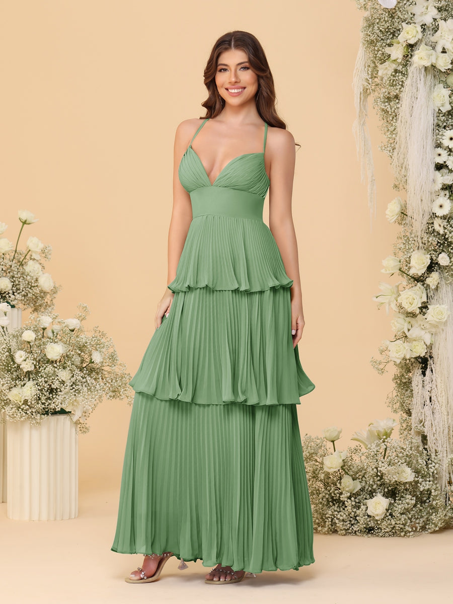 A-Line/Princess Spaghetti Straps Sleeveless Floor-Length Tiered Bridesmaid Dresses With Pleats