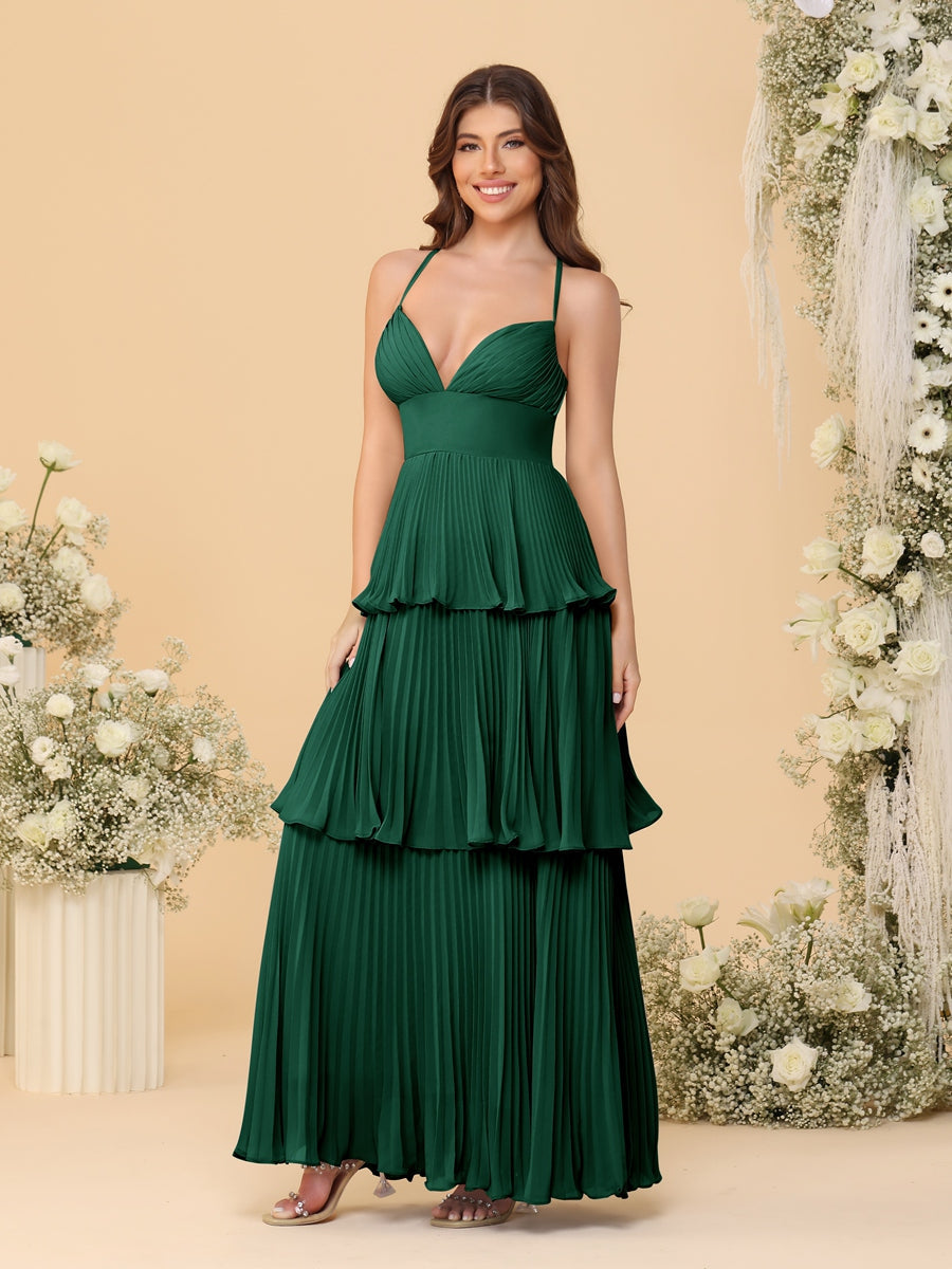A-Line/Princess Spaghetti Straps Sleeveless Floor-Length Tiered Bridesmaid Dresses With Pleats