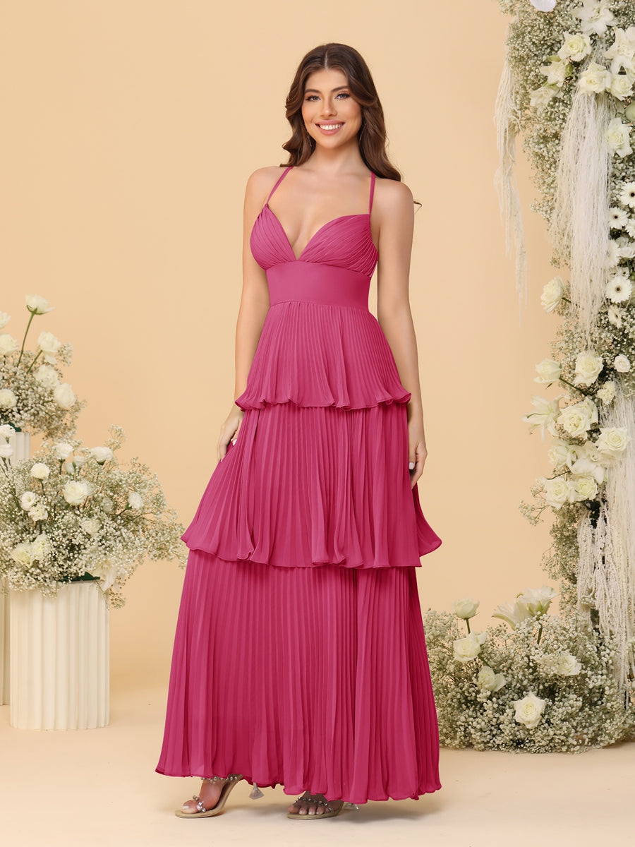 A-Line/Princess Spaghetti Straps Sleeveless Floor-Length Tiered Bridesmaid Dresses With Pleats