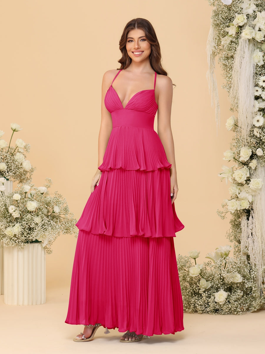 A-Line/Princess Spaghetti Straps Sleeveless Floor-Length Tiered Bridesmaid Dresses With Pleats