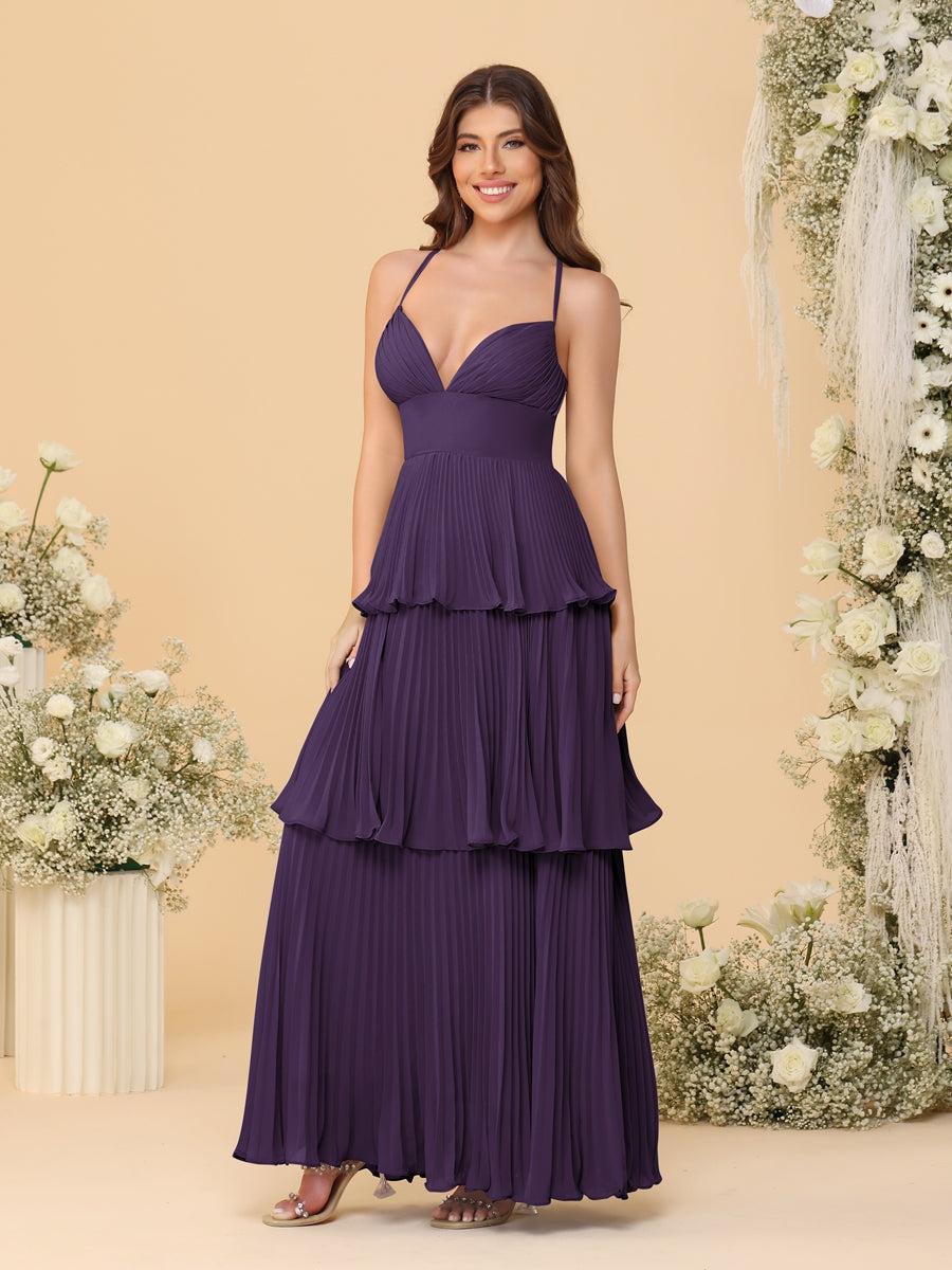 A-Line/Princess Spaghetti Straps Sleeveless Floor-Length Tiered Bridesmaid Dresses With Pleats