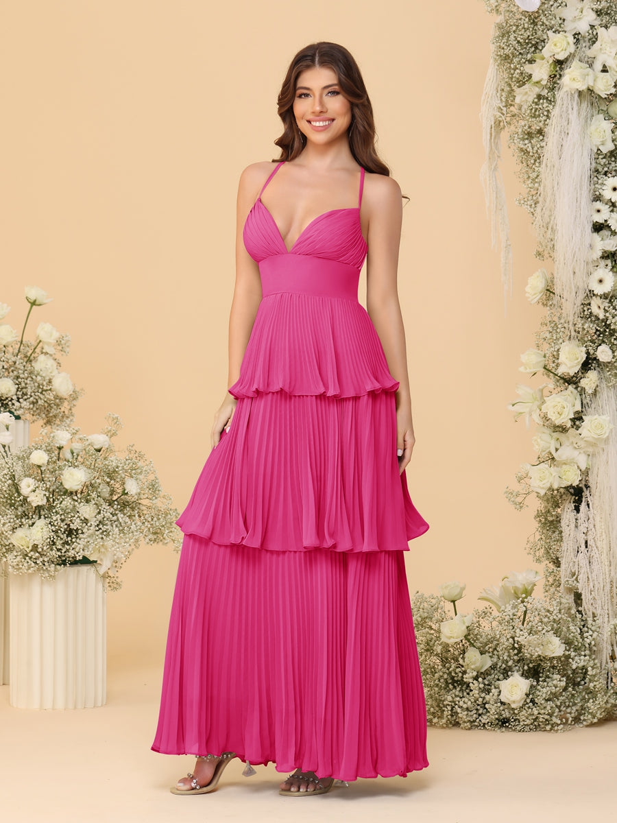 A-Line/Princess Spaghetti Straps Sleeveless Floor-Length Tiered Bridesmaid Dresses With Pleats