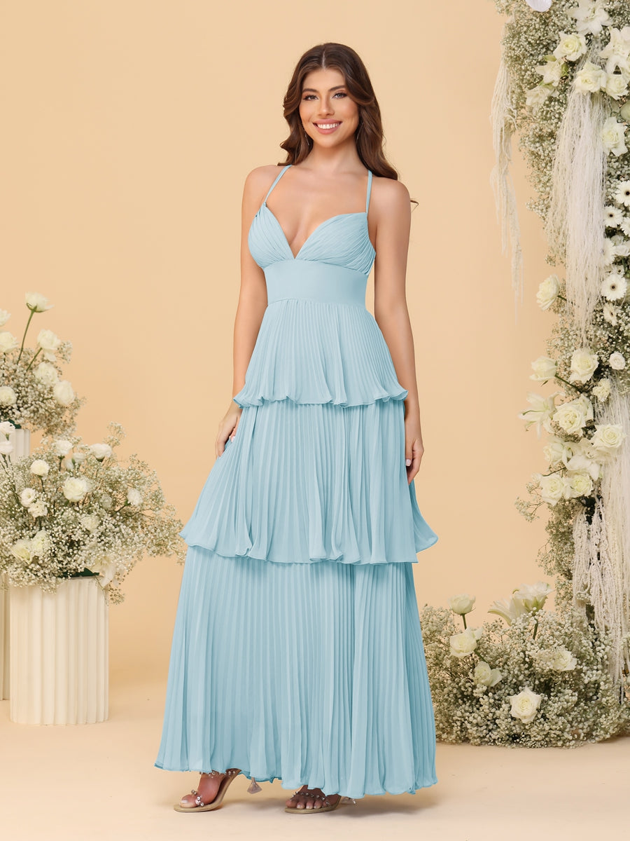 A-Line/Princess Spaghetti Straps Sleeveless Floor-Length Tiered Bridesmaid Dresses With Pleats