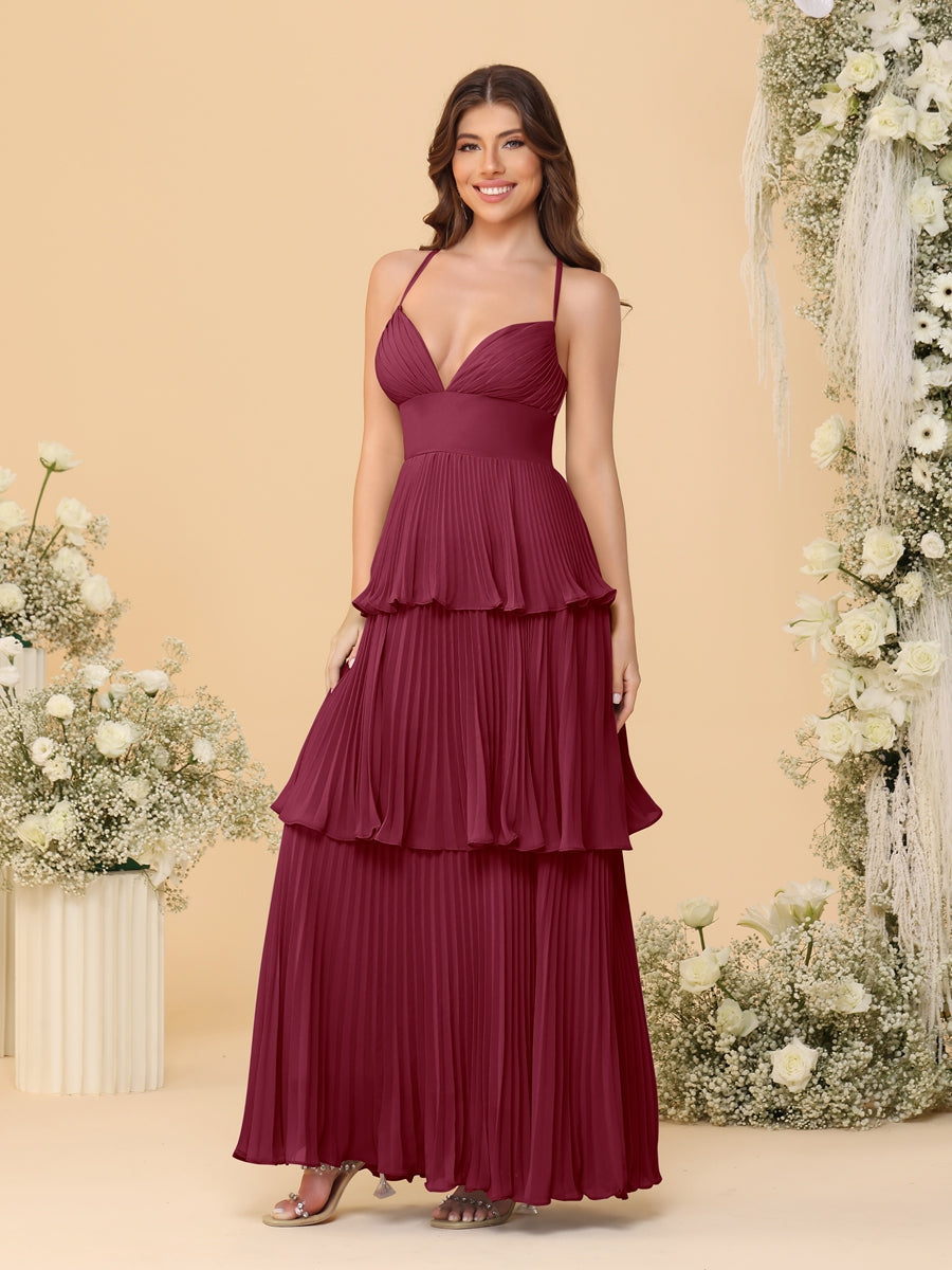 A-Line/Princess Spaghetti Straps Sleeveless Floor-Length Tiered Bridesmaid Dresses With Pleats