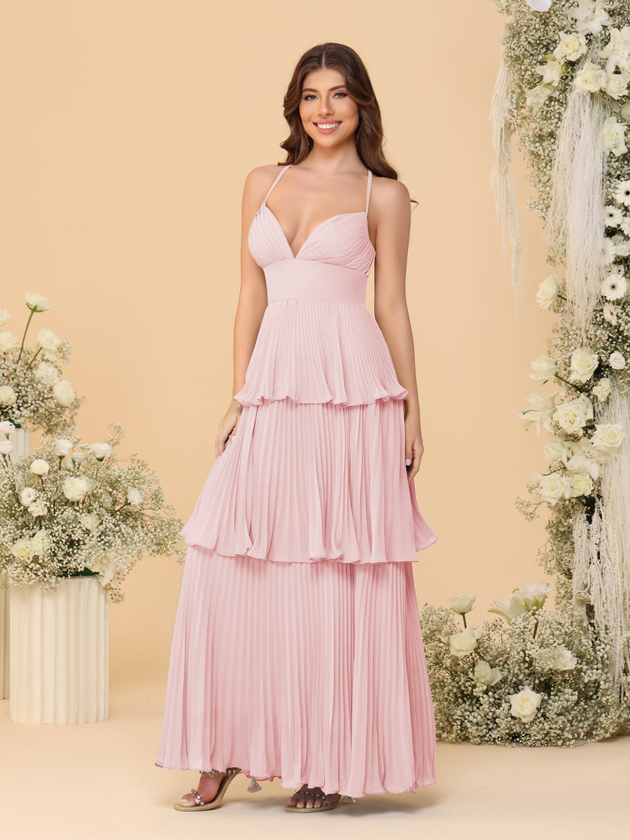 A-Line/Princess Spaghetti Straps Sleeveless Floor-Length Tiered Bridesmaid Dresses With Pleats