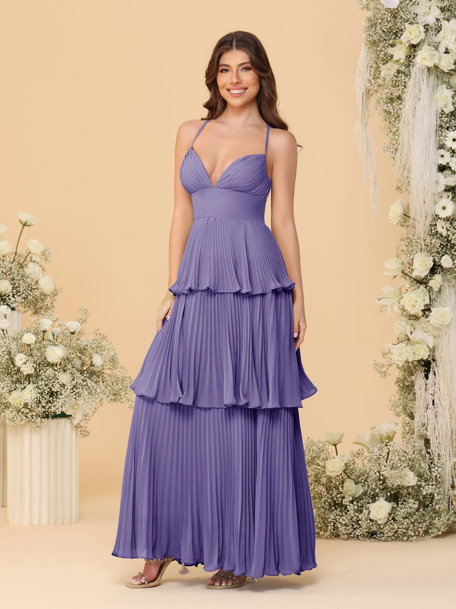 A-Line/Princess Spaghetti Straps Sleeveless Floor-Length Tiered Bridesmaid Dresses With Pleats