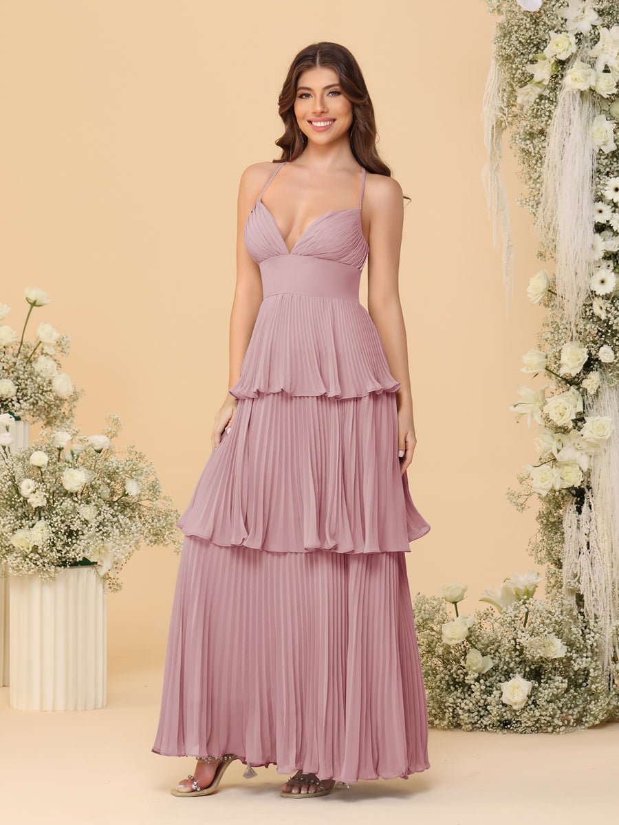 A-Line/Princess Spaghetti Straps Sleeveless Floor-Length Tiered Bridesmaid Dresses With Pleats