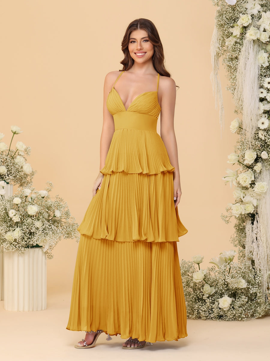 A-Line/Princess Spaghetti Straps Sleeveless Floor-Length Tiered Bridesmaid Dresses With Pleats