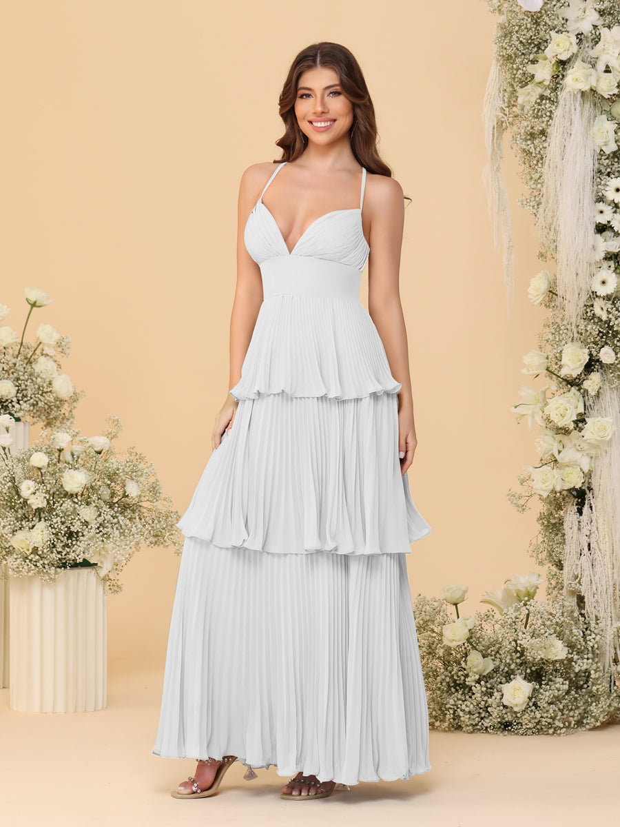 A-Line/Princess Spaghetti Straps Sleeveless Floor-Length Tiered Bridesmaid Dresses With Pleats