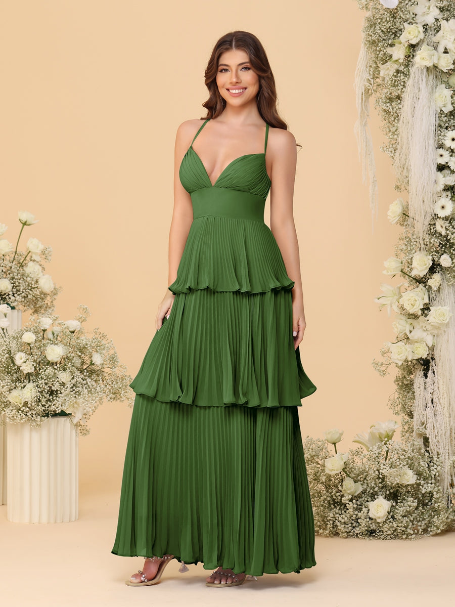 A-Line/Princess Spaghetti Straps Sleeveless Floor-Length Tiered Bridesmaid Dresses With Pleats