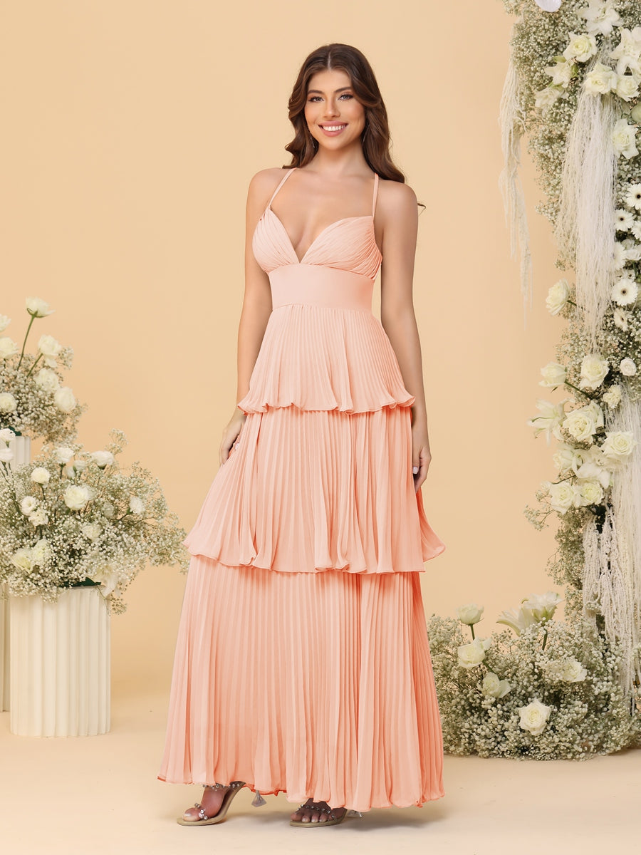 A-Line/Princess Spaghetti Straps Sleeveless Floor-Length Tiered Bridesmaid Dresses With Pleats
