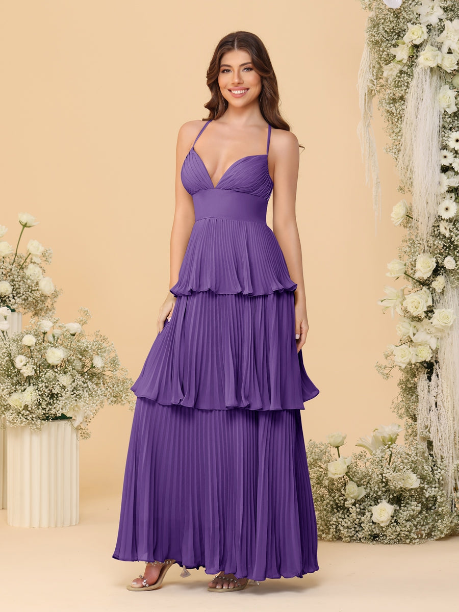 A-Line/Princess Spaghetti Straps Sleeveless Floor-Length Tiered Bridesmaid Dresses With Pleats