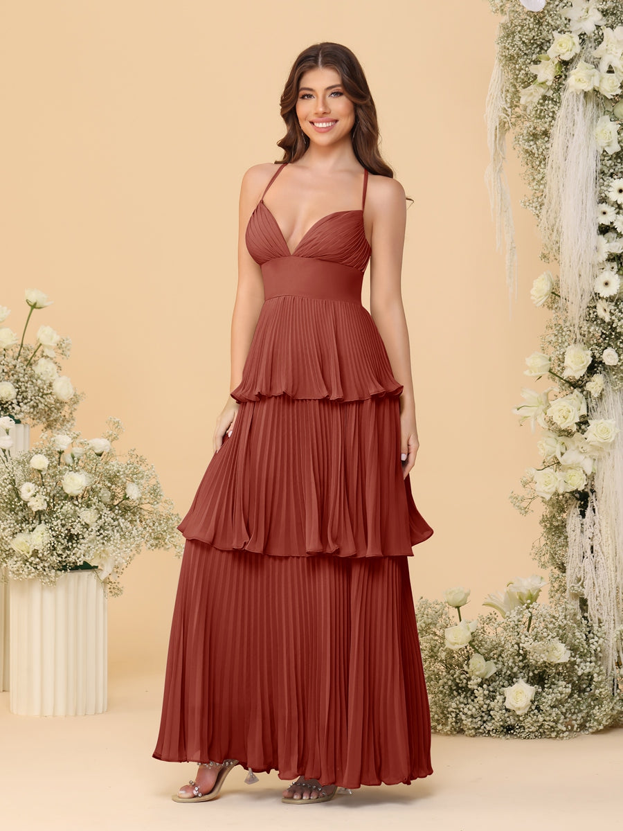 A-Line/Princess Spaghetti Straps Sleeveless Floor-Length Tiered Bridesmaid Dresses With Pleats