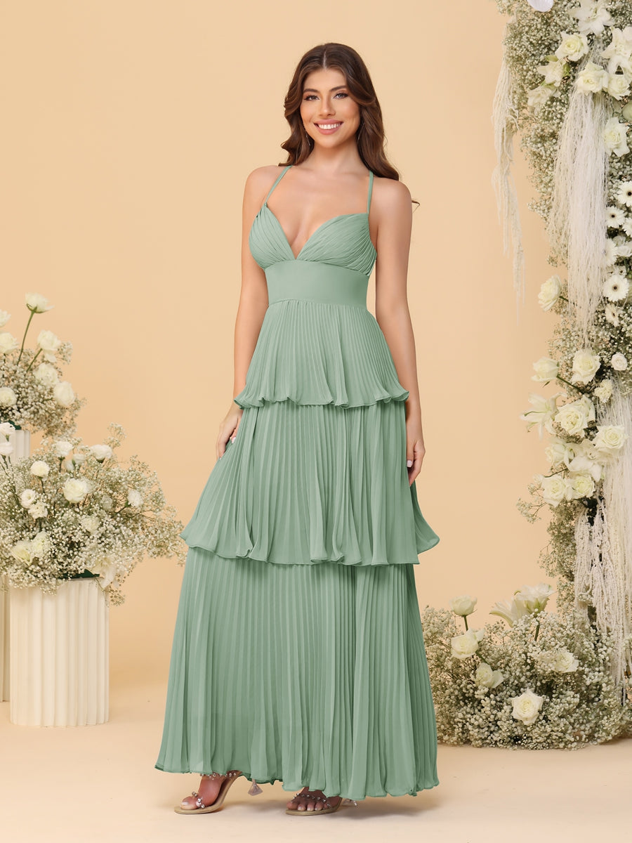A-Line/Princess Spaghetti Straps Sleeveless Floor-Length Tiered Bridesmaid Dresses With Pleats