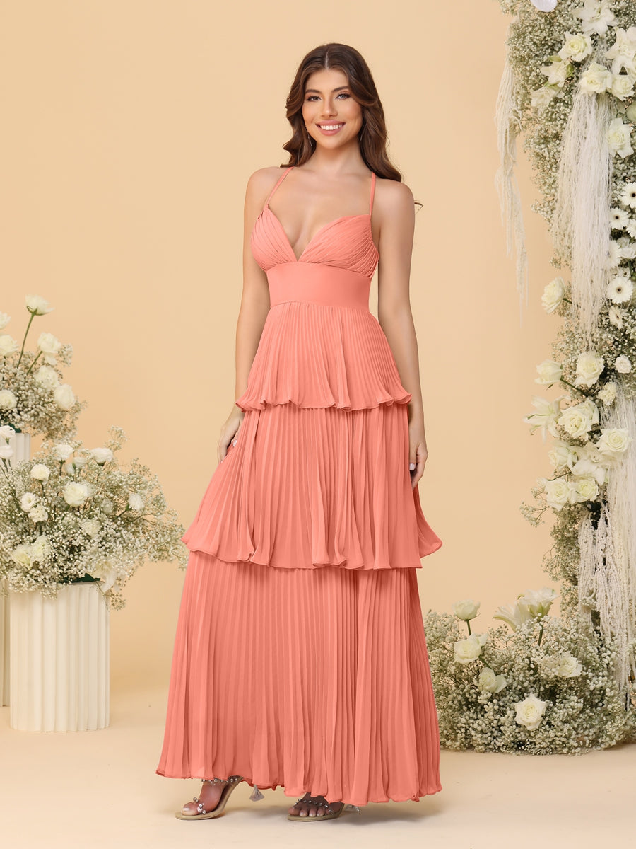 A-Line/Princess Spaghetti Straps Sleeveless Floor-Length Tiered Bridesmaid Dresses With Pleats