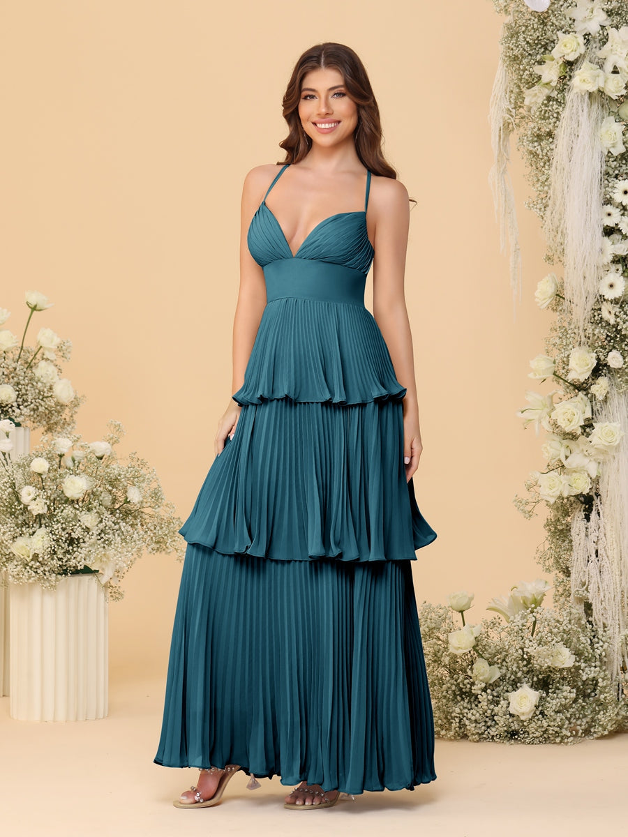 A-Line/Princess Spaghetti Straps Sleeveless Floor-Length Tiered Bridesmaid Dresses With Pleats