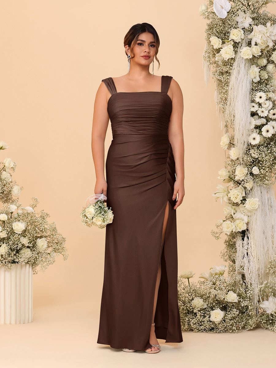 Sheath/Column Square Neck Sleeveless Floor-Length Ruched Plus Size Bridesmaid Dresses With Side Slit