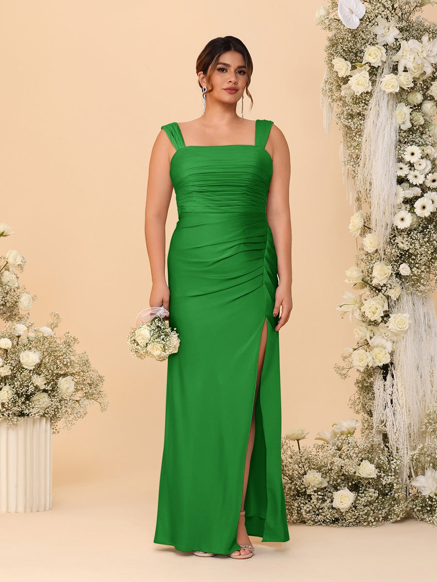 Sheath/Column Square Neck Sleeveless Floor-Length Ruched Plus Size Bridesmaid Dresses With Side Slit