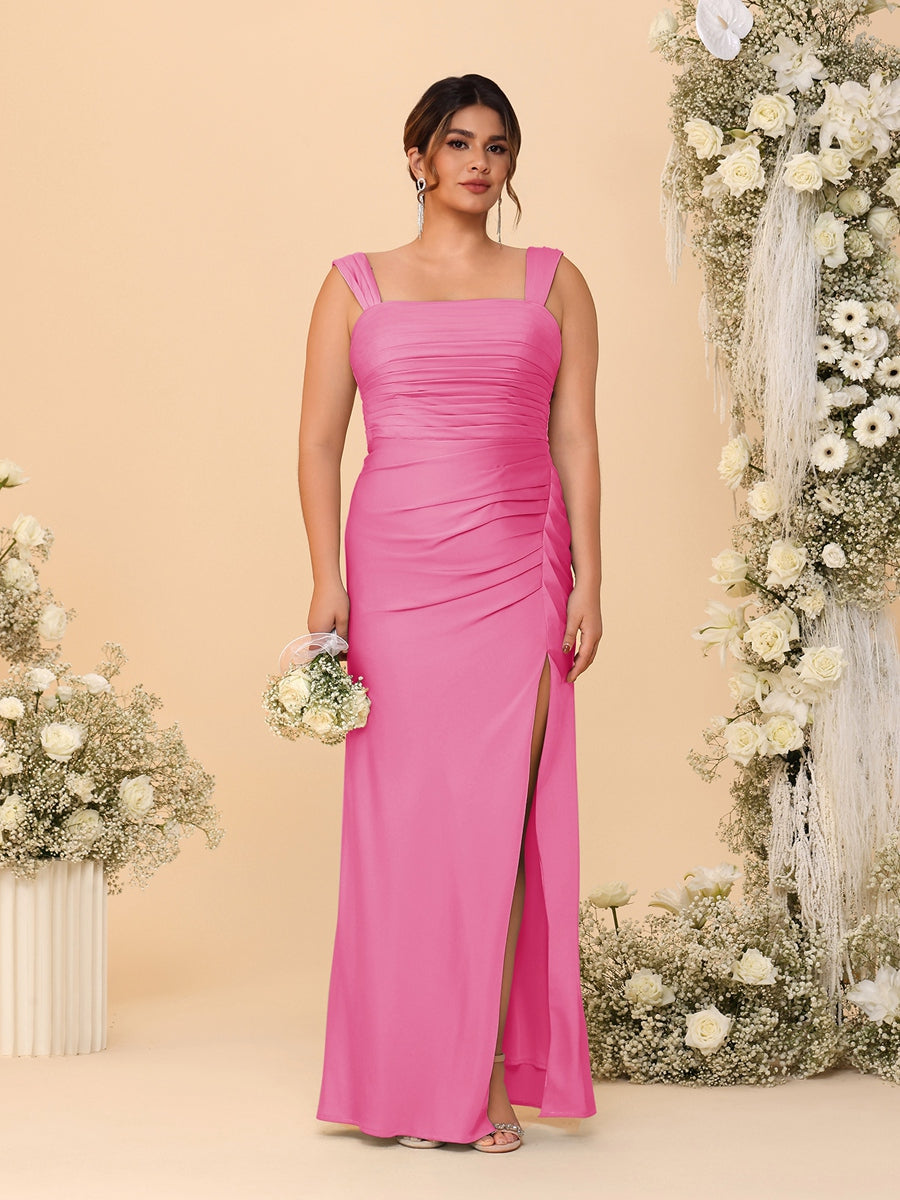 Sheath/Column Square Neck Sleeveless Floor-Length Ruched Plus Size Bridesmaid Dresses With Side Slit