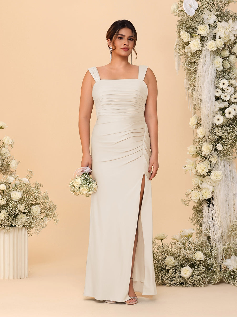 Sheath/Column Square Neck Sleeveless Floor-Length Ruched Plus Size Bridesmaid Dresses With Side Slit