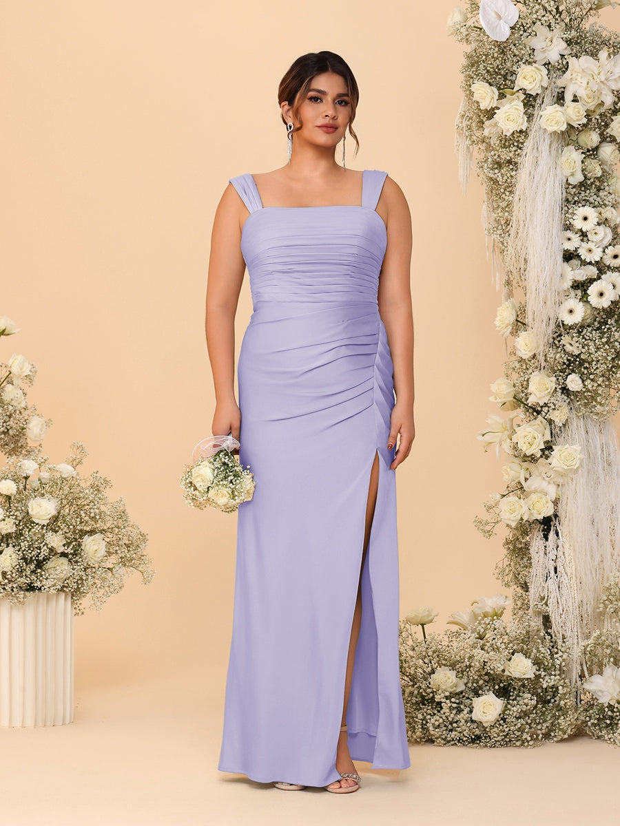 Sheath/Column Square Neck Sleeveless Floor-Length Ruched Plus Size Bridesmaid Dresses With Side Slit