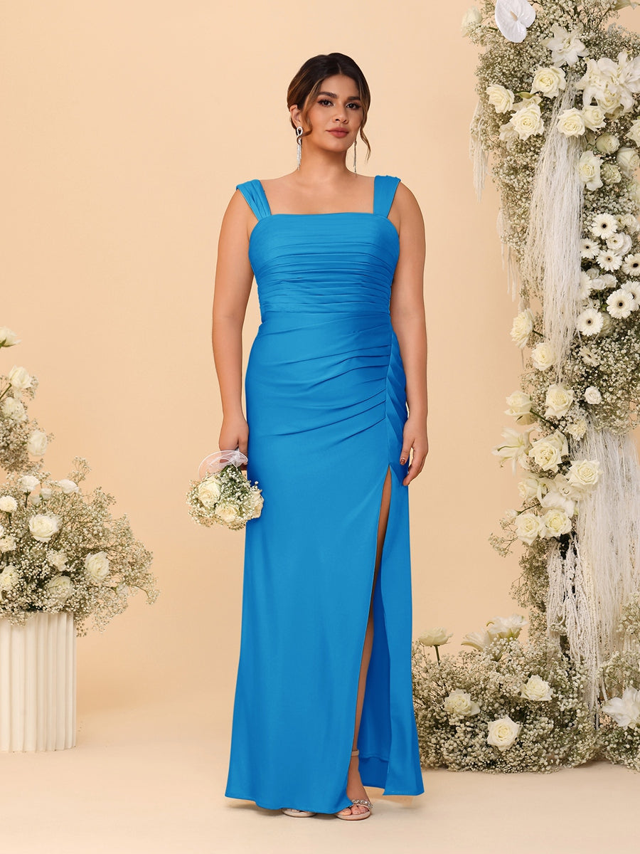 Sheath/Column Square Neck Sleeveless Floor-Length Ruched Plus Size Bridesmaid Dresses With Side Slit