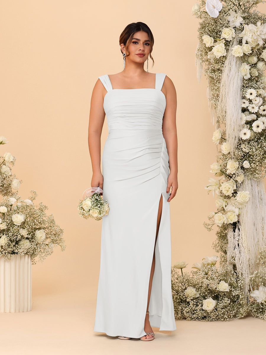 Sheath/Column Square Neck Sleeveless Floor-Length Ruched Plus Size Bridesmaid Dresses With Side Slit