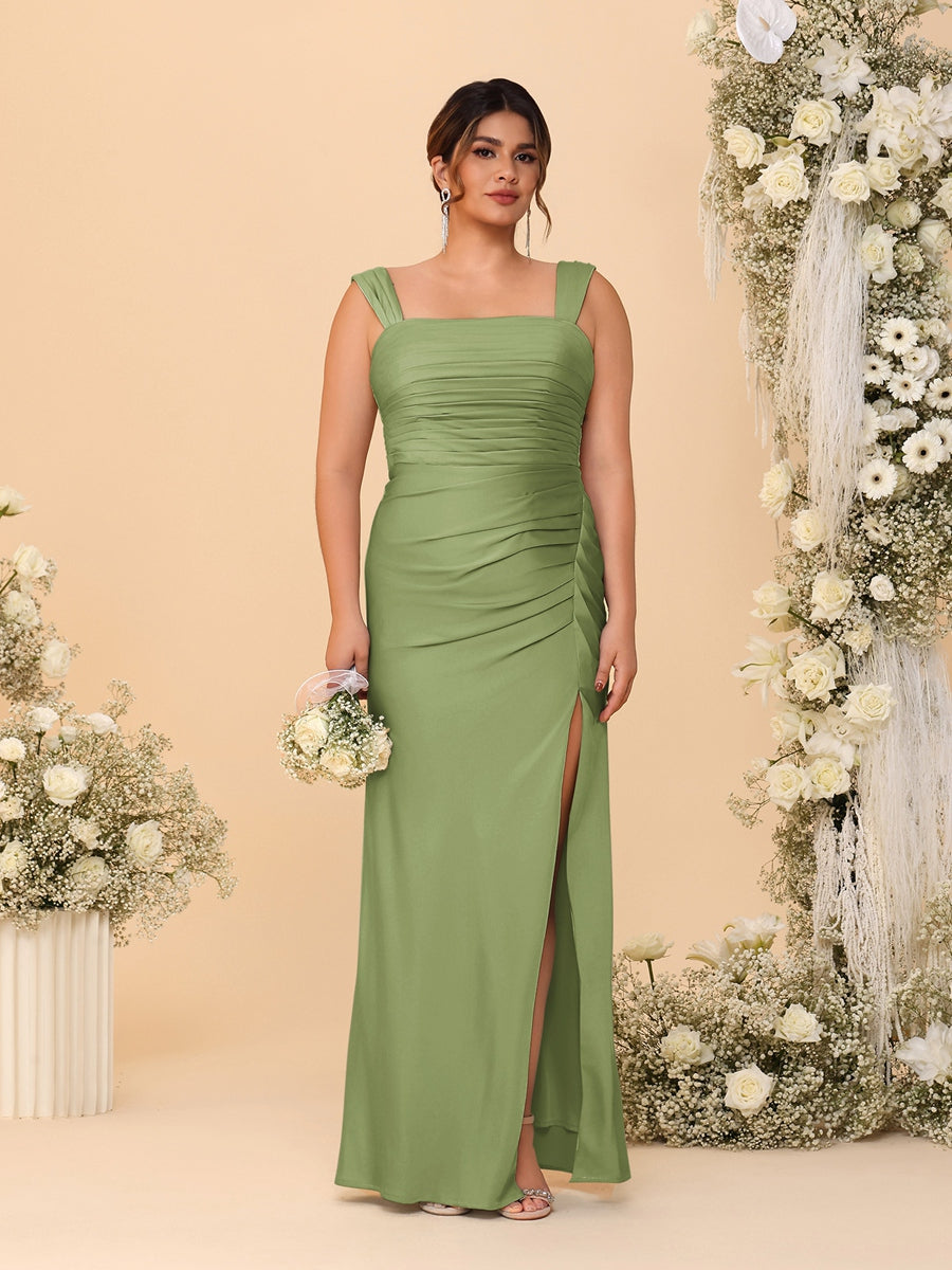 Sheath/Column Square Neck Sleeveless Floor-Length Ruched Plus Size Bridesmaid Dresses With Side Slit