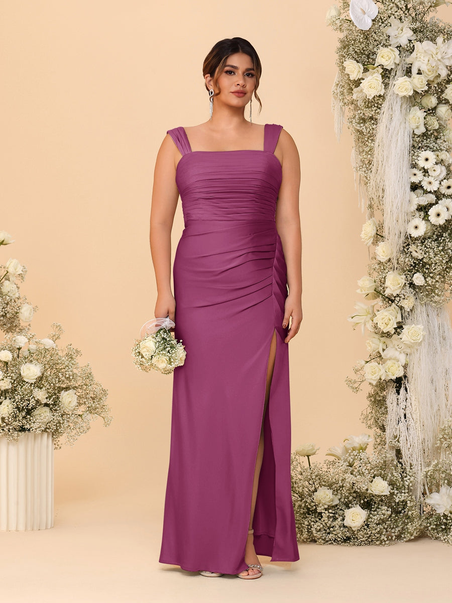 Sheath/Column Square Neck Sleeveless Floor-Length Ruched Plus Size Bridesmaid Dresses With Side Slit