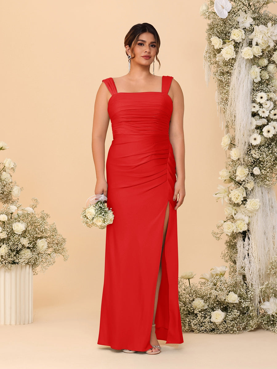 Sheath/Column Square Neck Sleeveless Floor-Length Ruched Plus Size Bridesmaid Dresses With Side Slit