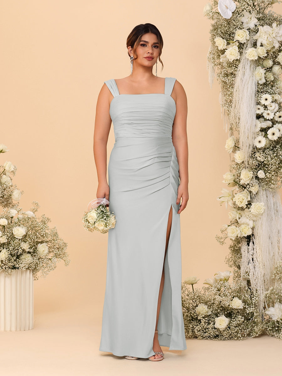 Sheath/Column Square Neck Sleeveless Floor-Length Ruched Plus Size Bridesmaid Dresses With Side Slit