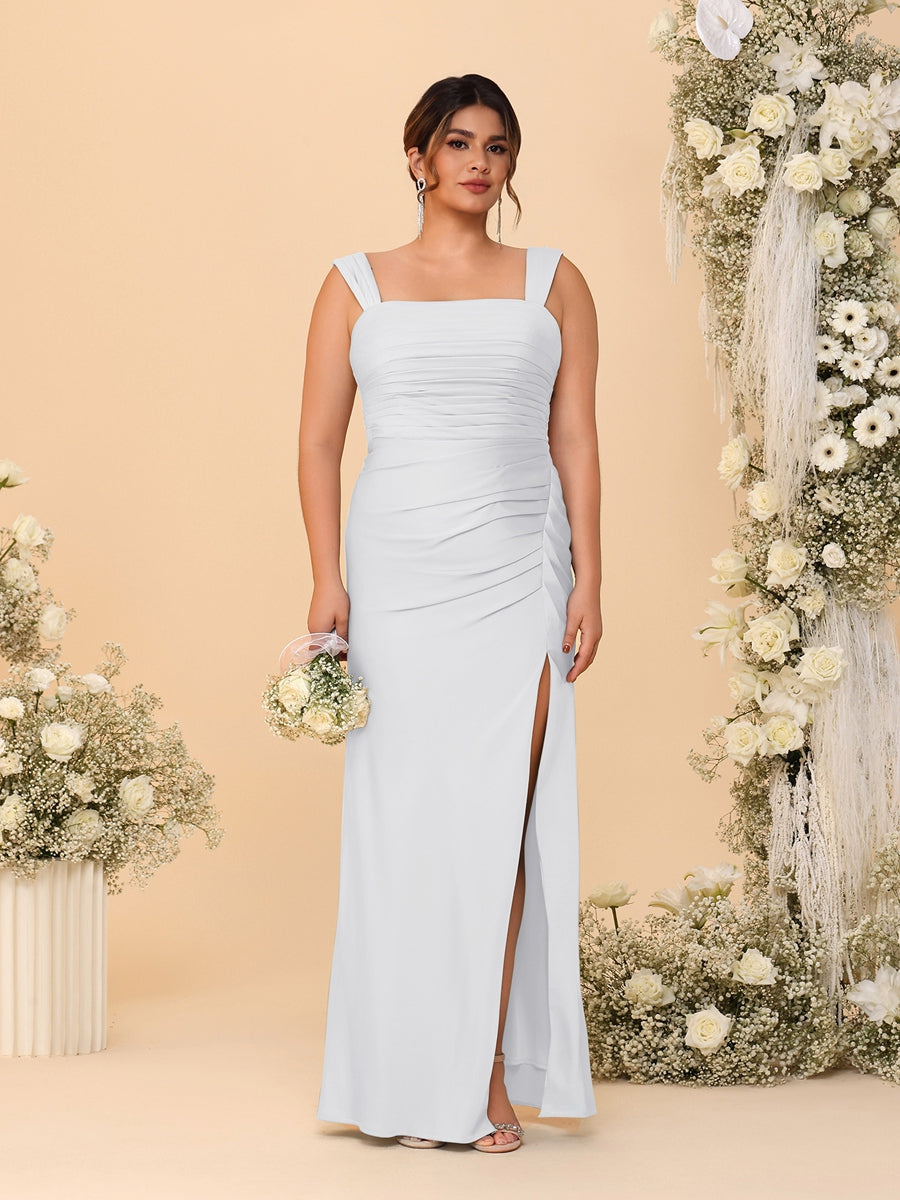 Sheath/Column Square Neck Sleeveless Floor-Length Ruched Plus Size Bridesmaid Dresses With Side Slit