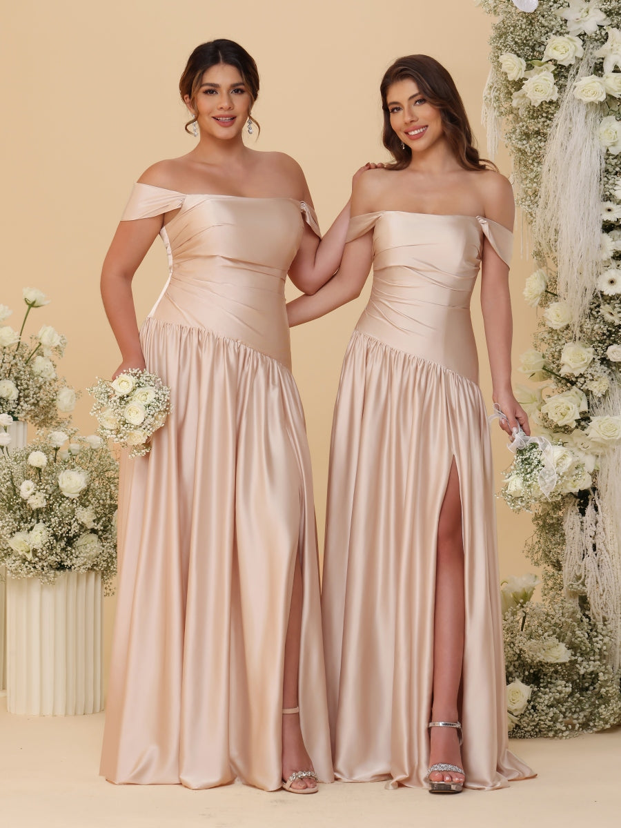 A-Line/Princess Off-the-Shoulder  Ruched Long Bridesmaid Dresses With Side Slit & Pleats