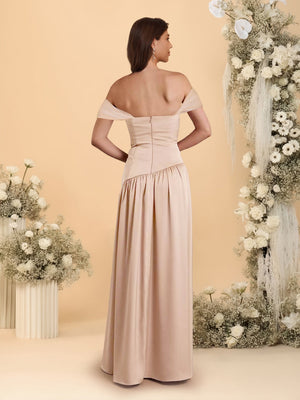 A-Line/Princess Off-the-Shoulder Ruched Long Bridesmaid Dresses With Side Slit & Pleats