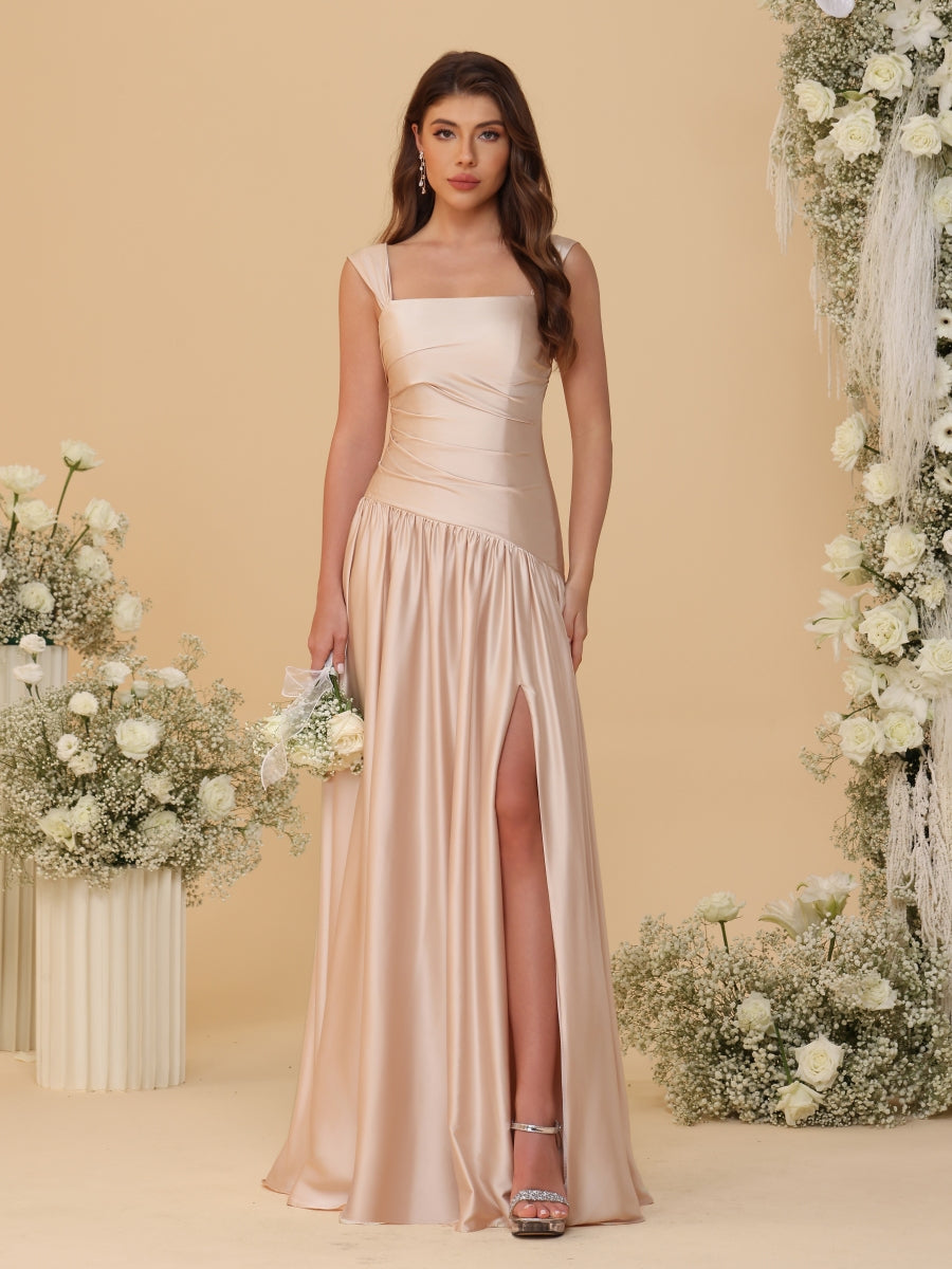 A-Line/Princess Off-the-Shoulder Ruched Long Bridesmaid Dresses With Side Slit & Pleats