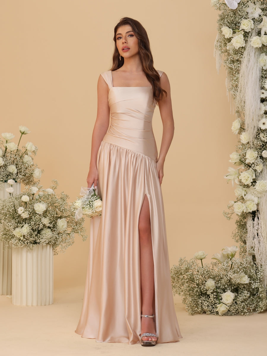 A-Line/Princess Off-the-Shoulder Ruched Long Bridesmaid Dresses With Side Slit & Pleats